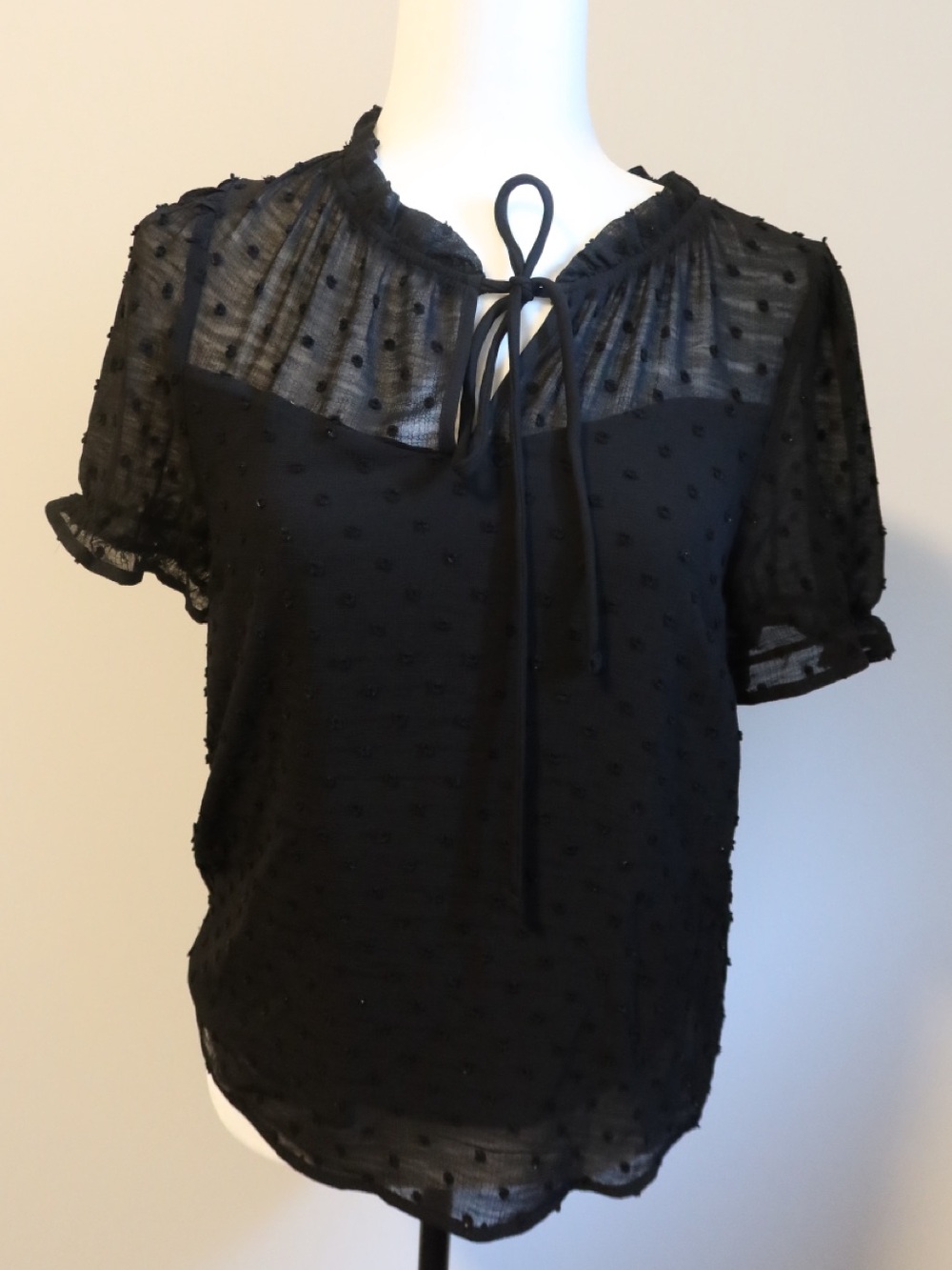Monteau Black Swiss Dot Tie-Neck Blouse